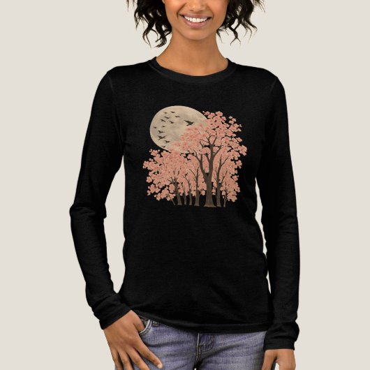 Moonlit Cherry Blossom Trees Art Long Sleeve shirt トライブレンドＴシャツ (正面)