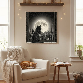 Moonlit Cityscape Cat Poster Black & White Noir  ポスター