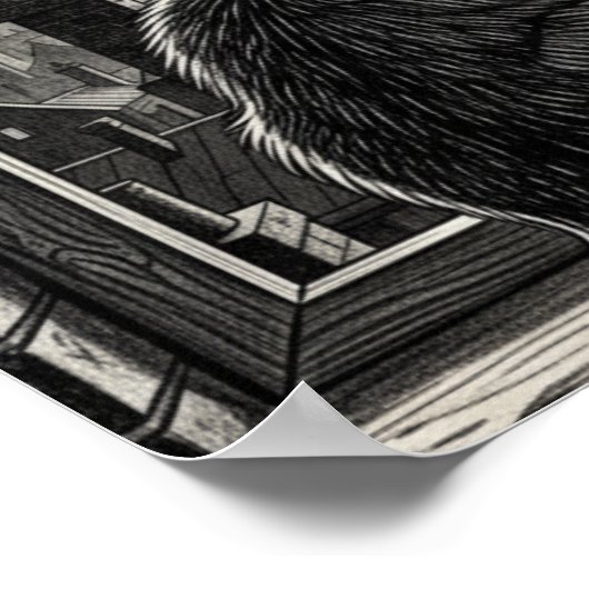 Moonlit Cityscape Cat Poster Black & White Noir  ポスター (角)