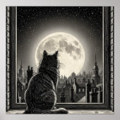 Moonlit Cityscape Cat Poster Black & White Noir  ポスター (正面)