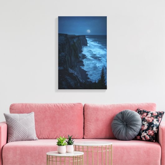 Moonlit Cliffs – Tranquil Midnight Ocean View キャンバスプリント (インサイチュ (リビング))