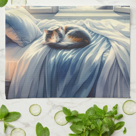 Moonlit Coastal Bedroom with Sleeping Cat キッチンタオル (折り畳み)