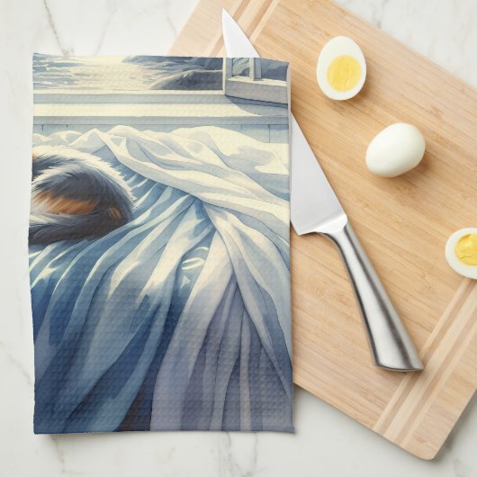 Moonlit Coastal Bedroom with Sleeping Cat キッチンタオル (四つ折り)