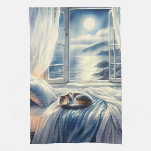Moonlit Coastal Bedroom with Sleeping Cat キッチンタオル (縦)