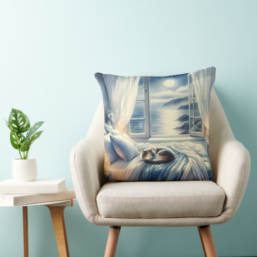 Moonlit Coastal Bedroom with Sleeping Cat クッション (椅子)
