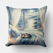 Moonlit Coastal Bedroom with Sleeping Cat クッション (正面)