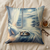 Moonlit Coastal Bedroom with Sleeping Cat クッション
