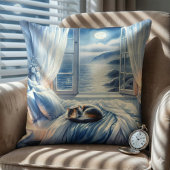 Moonlit Coastal Bedroom with Sleeping Cat クッション