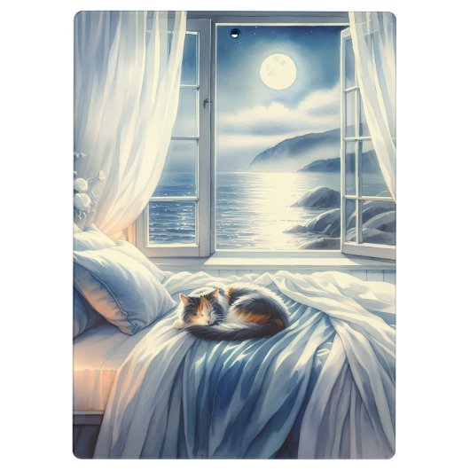 Moonlit Coastal Bedroom with Sleeping Cat クリップボード (裏面)