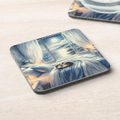 Moonlit Coastal Bedroom with Sleeping Cat コースター (左側)