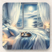 Moonlit Coastal Bedroom with Sleeping Cat コースター (正面)