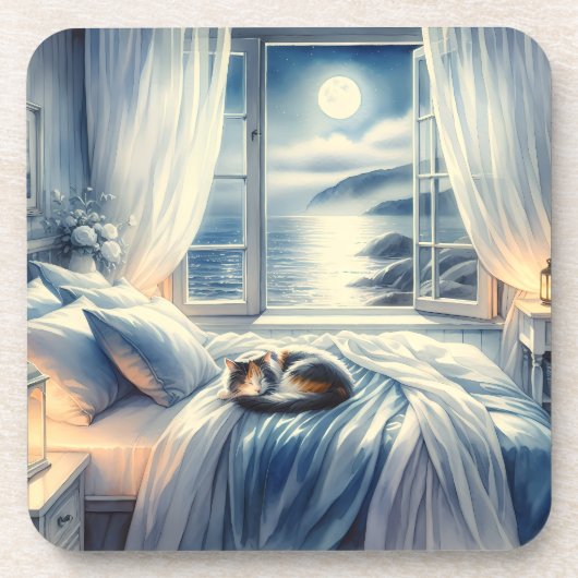 Moonlit Coastal Bedroom with Sleeping Cat コースター (正面)