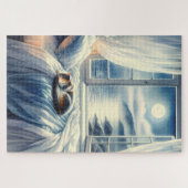 Moonlit Coastal Bedroom with Sleeping Cat ジグソーパズル (横)