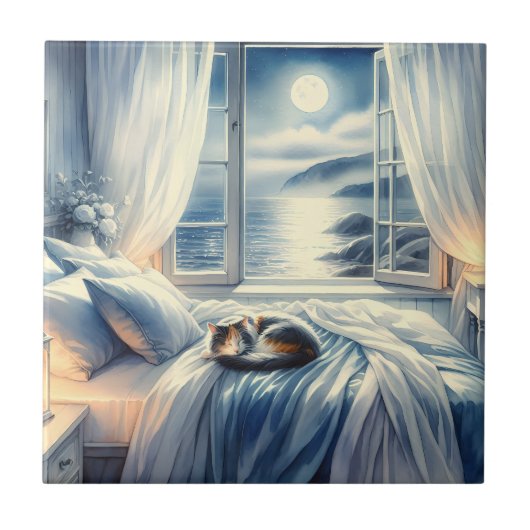Moonlit Coastal Bedroom with Sleeping Cat タイル (正面)
