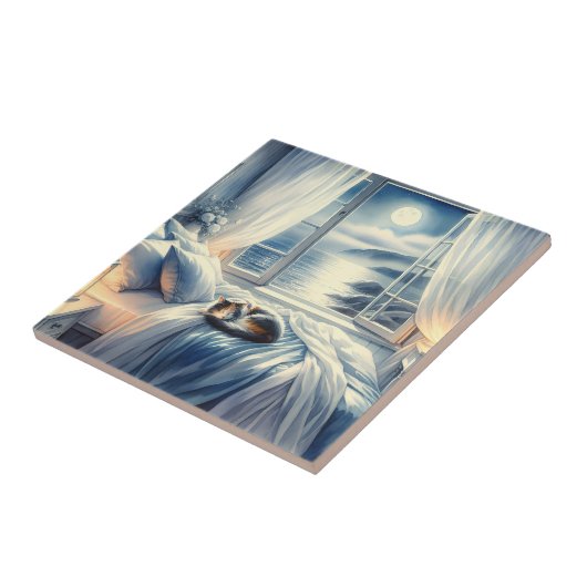 Moonlit Coastal Bedroom with Sleeping Cat タイル (側面)