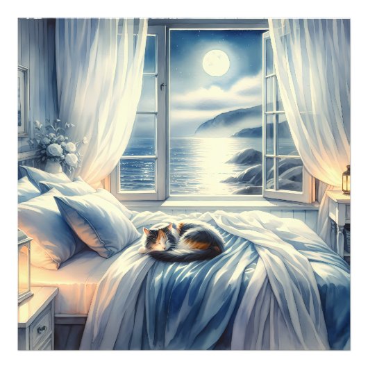 Moonlit Coastal Bedroom with Sleeping Cat フォトプリント (正面)