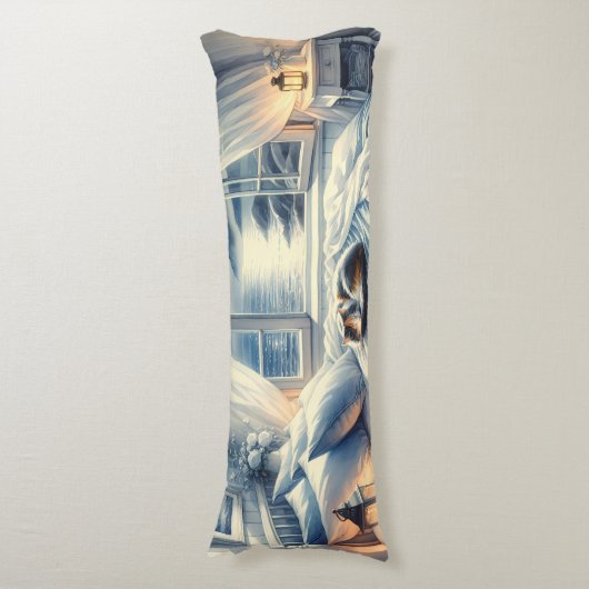 Moonlit Coastal Bedroom with Sleeping Cat ボディピロー (正面縦)