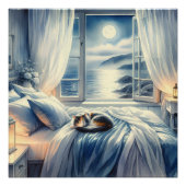 Moonlit Coastal Bedroom with Sleeping Cat ポスター (正面)