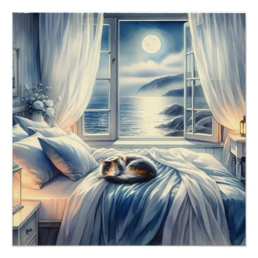 Moonlit Coastal Bedroom with Sleeping Cat ポスター (正面)