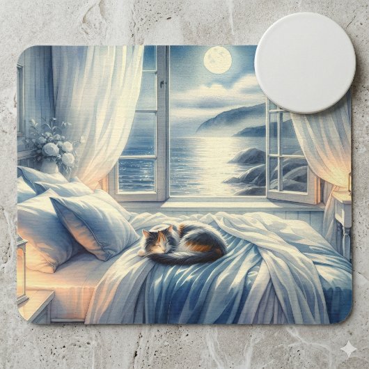 Moonlit Coastal Bedroom with Sleeping Cat マウスパッド