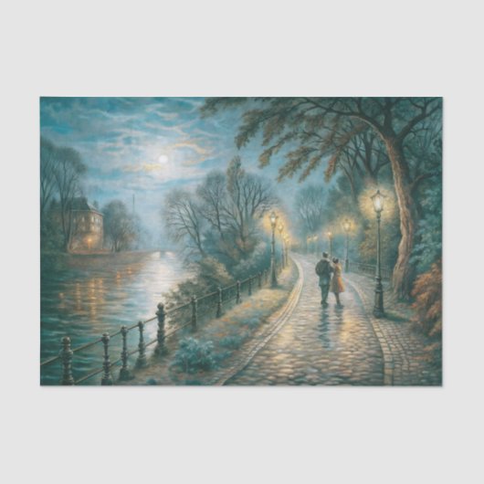 Moonlit Couple Walking Riverside Path Decoupage 薄葉紙 (正面)