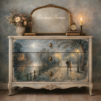 Moonlit Couple Walking Riverside Path Decoupage 薄葉紙