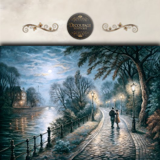 Moonlit Couple Walking Riverside Path Decoupage 薄葉紙