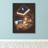 Moonlit Cozy Cabin Reading Nook Illustration キャンバスプリント (インサイチュ (ウッドフロア))