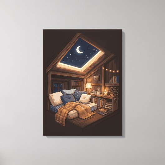 Moonlit Cozy Cabin Reading Nook Illustration キャンバスプリント (正面)
