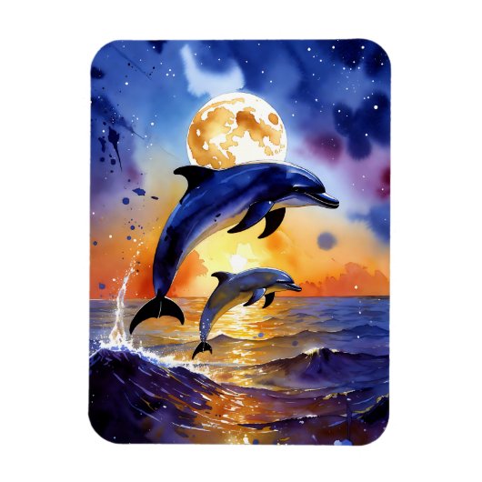 Moonlit Dolphin Dreams Over Sunset Ocean マグネット (縦)