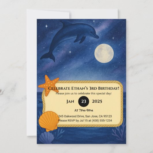 Moonlit Dolphin & Ocean Night Scene Birthday  招待状 (正面)