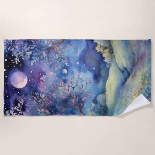 Moonlit Enchanted Forest Nightscape ビーチタオル (正面)