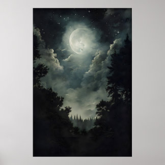 Moonlit Forest Print, Gothic Witchy Decor, Dark ポスター