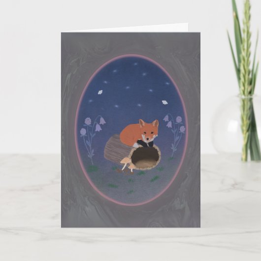 Moonlit Fox on Woodland Log 5x7 Greeting Card カード (正面)