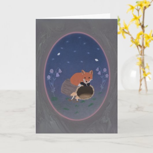 Moonlit Fox on Woodland Log 5x7 Greeting Card カード (黄色い花)