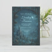 Moonlit Gothic Teal Fantasy Castle Wedding 招待状 (スタンド正面)