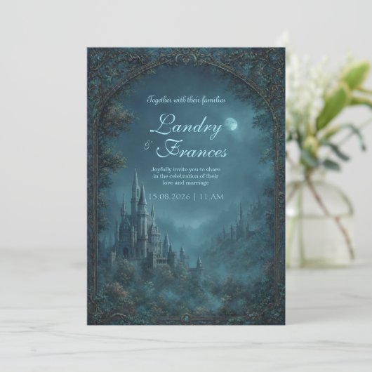 Moonlit Gothic Teal Fantasy Castle Wedding 招待状 (スタンド正面)