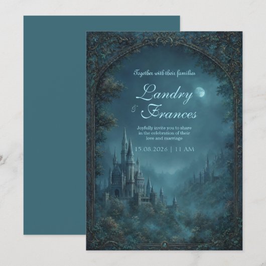 Moonlit Gothic Teal Fantasy Castle Wedding 招待状 (正面/裏面)
