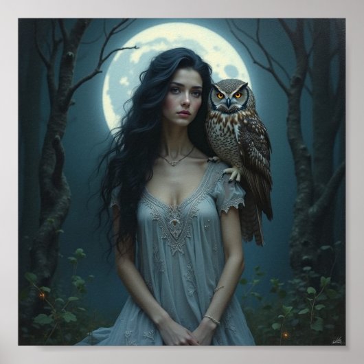 Moonlit Guardian – Fantasy Woman & Owl Art Poster ポスター (正面)