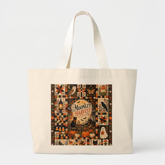 Moonlit Harvest Vintage Halloween Patchwork ラージトートバッグ (正面)