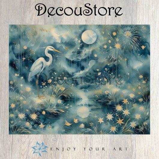Moonlit Heron – Dreamy Nature Scene Decoupage 薄葉紙