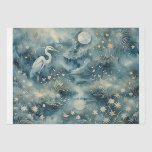 Moonlit Heron – Dreamy Nature Scene Decoupage 薄葉紙 (正面)