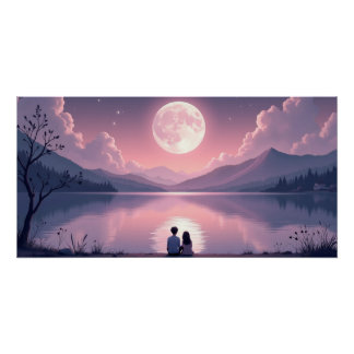 Moonlit Lake Romantic Night Valentine’s Day  ポスター