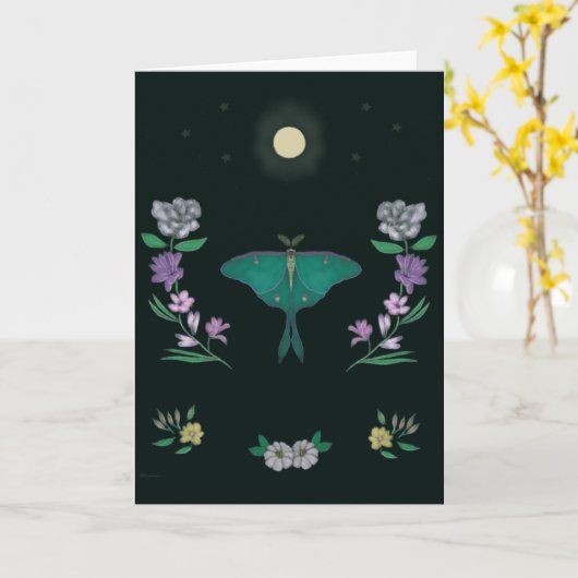 Moonlit Luna Moth Garden 5x7 Greeting Card カード (黄色い花)
