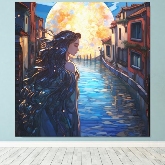 Moonlit Muse in Venice – Fantasy Canvas Wall Art キャンバスプリント (インサイチュ (ウッドフロア))