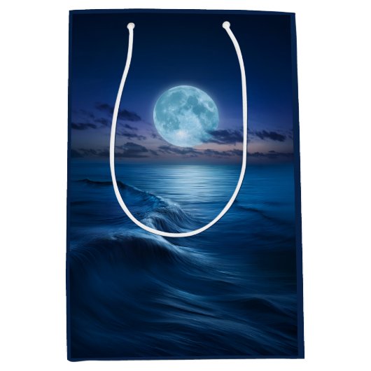 Moonlit Ocean Waves with Full Moon ミディアムペーパーバッグ (正面)