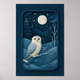 Moonlit Owl in Snowy Forest ポスター