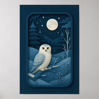Moonlit Owl in Snowy Forest ポスター