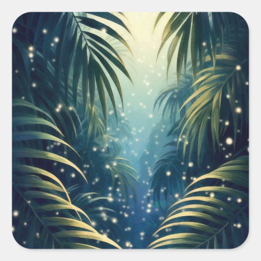 Moonlit palm leaves with fireflies, watercolor art スクエアシール (正面)