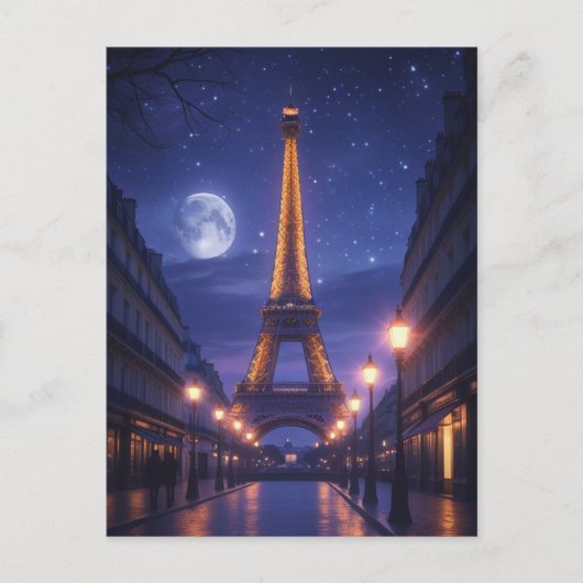 Moonlit Paris – Romantic Eiffel Tower Night ポストカード (正面)